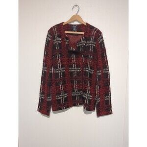 Chaps XL Red Black Plaid Cotton Blend Zip Front Cardigan Sweater Jacket R Lauren